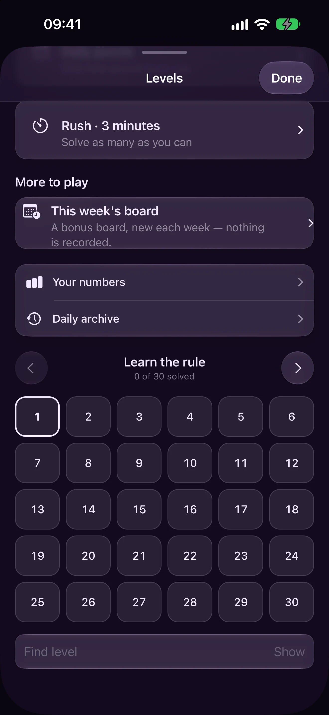 The picker shows Daily and Rush, one page of numbered levels, and a field to jump to another level range.