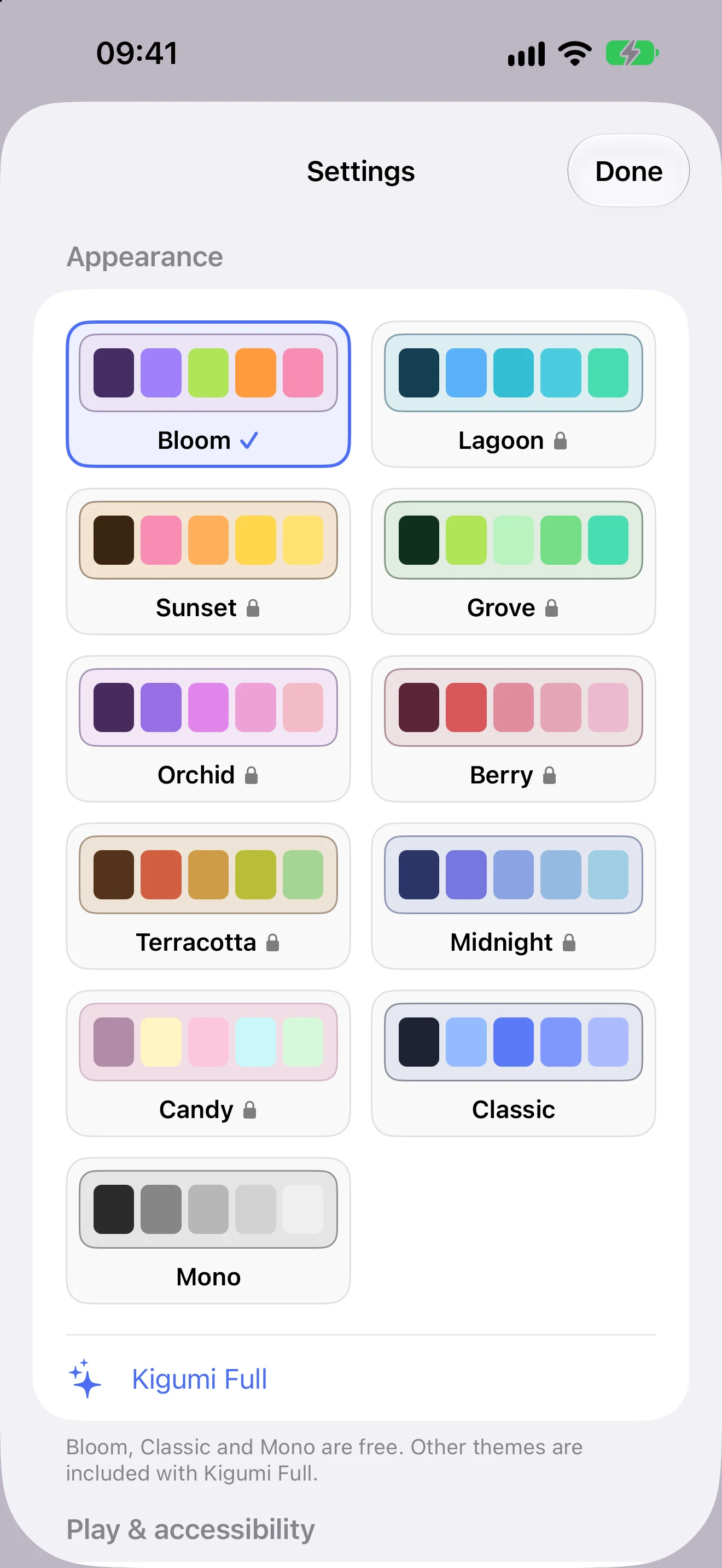The Appearance settings in light mode show all eleven palette cards, with Bloom selected, eight premium themes locked, and Classic and Mono available, above the Kigumi Full action.