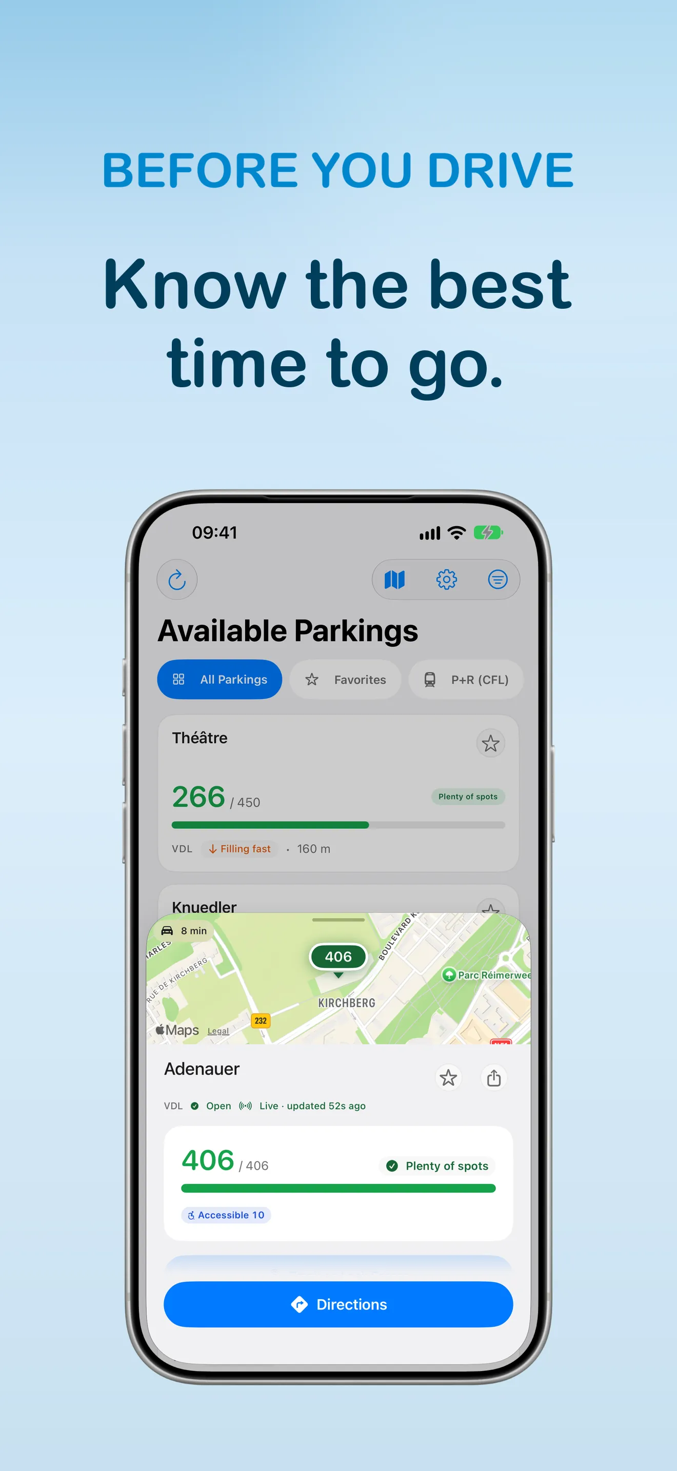 Detail sheet for the VDL car park Adenauer, opened over the dimmed parking list: '406 / 406' free in green with a full availability bar, a 'Plenty of spots' chip, a wheelchair badge reading 10, an 'Open' status with 'Live · updated 52s ago', a favourite star and a share button, an Apple Maps preview showing the lot's 406 pin in Kirchberg, an '8 min' drive badge and a blue 'Directions' button.