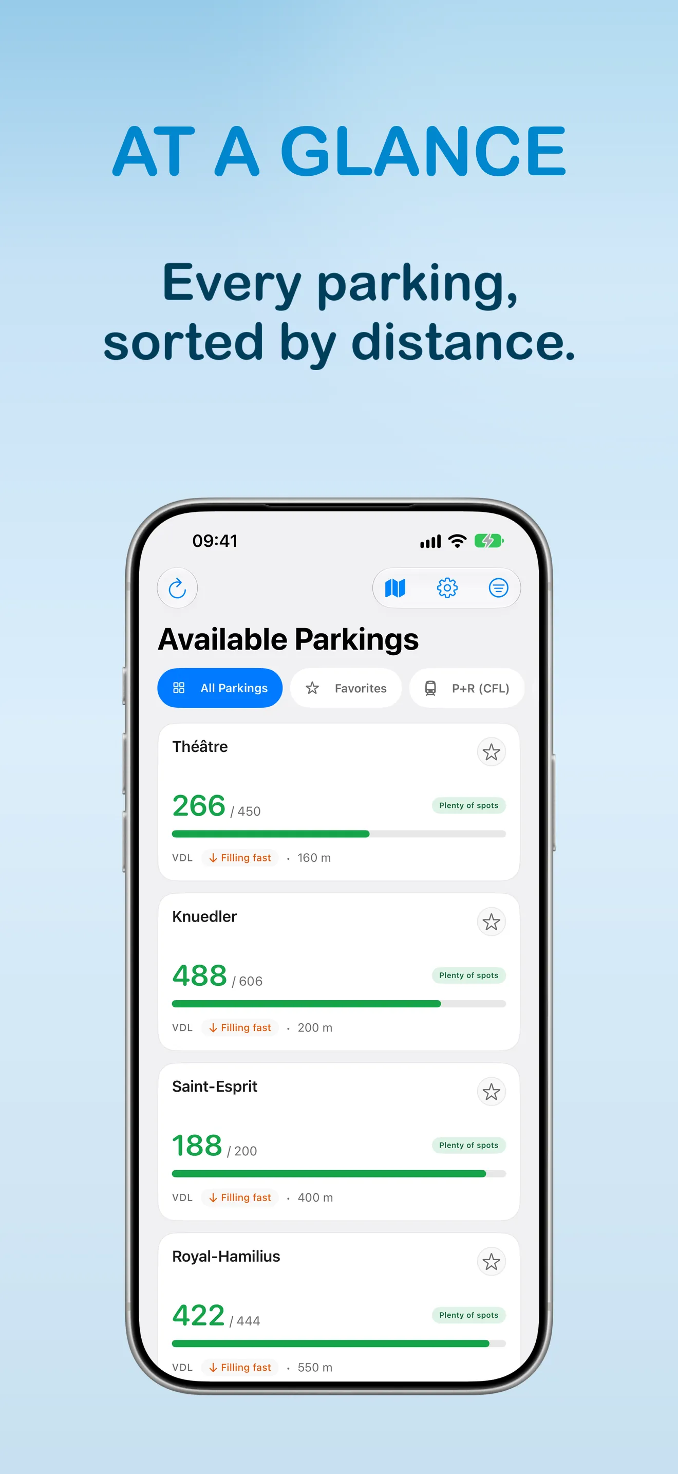 'Available Parkings' list with a circular refresh button, a map/settings/list toolbar, the All Parkings, Favorites and P+R (CFL) filter chips, and four nearest-first live cards: Théâtre 266 of 450 spaces free with a VDL badge, a 'Plenty of spots' chip and 'Filling fast · 160 m', Knuedler 488 of 606 at 200 m, Saint-Esprit 188 of 200 at 400 m and Royal-Hamilius 422 of 444 at 550 m — each with a green availability bar and a favourite star.