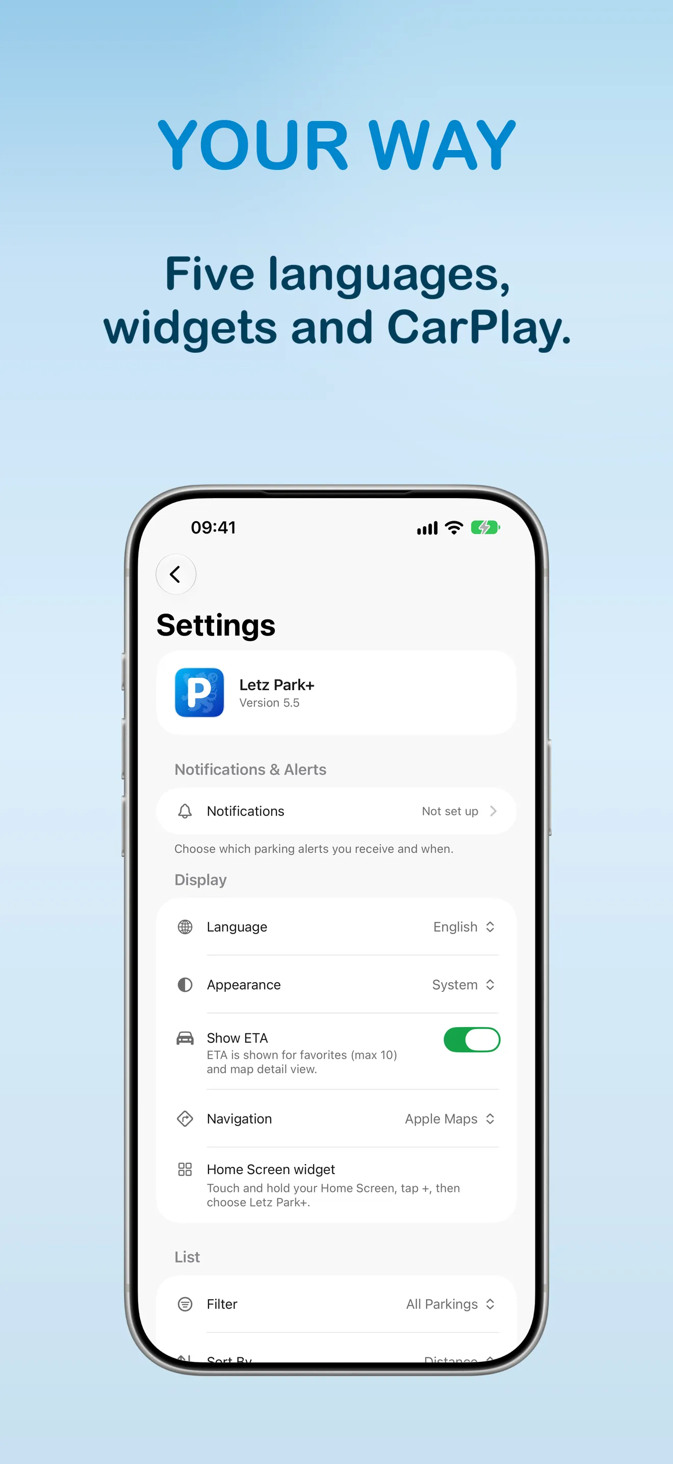 Settings screen for Letz Park+ version 5.5 with a Notifications & Alerts section marked 'Not set up', Display options for Language (English), Appearance (System), a Show ETA switch, Navigation (Apple Maps) and Home Screen widget, a note that ETA is shown for up to 10 favourites and the map detail view, and List defaults of All Parkings with Distance sorting.