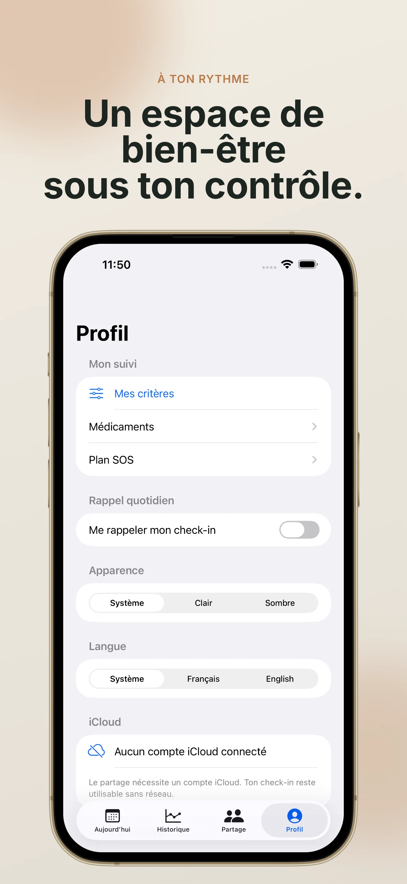 MindGlass Profile screen showing iCloud status, preferences and privacy controls.