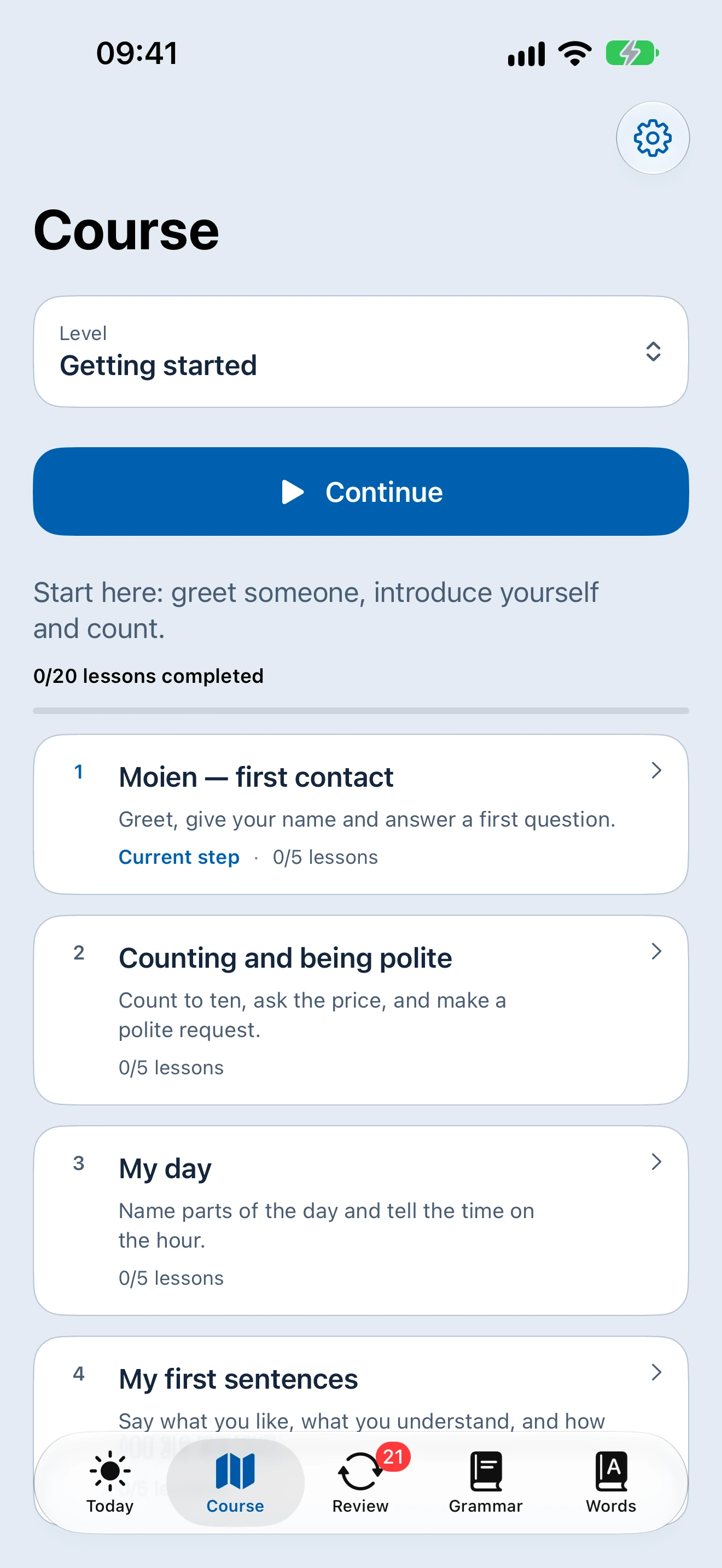 Moien course screen with a level selector, Continue button and next lessons in the learning path.
