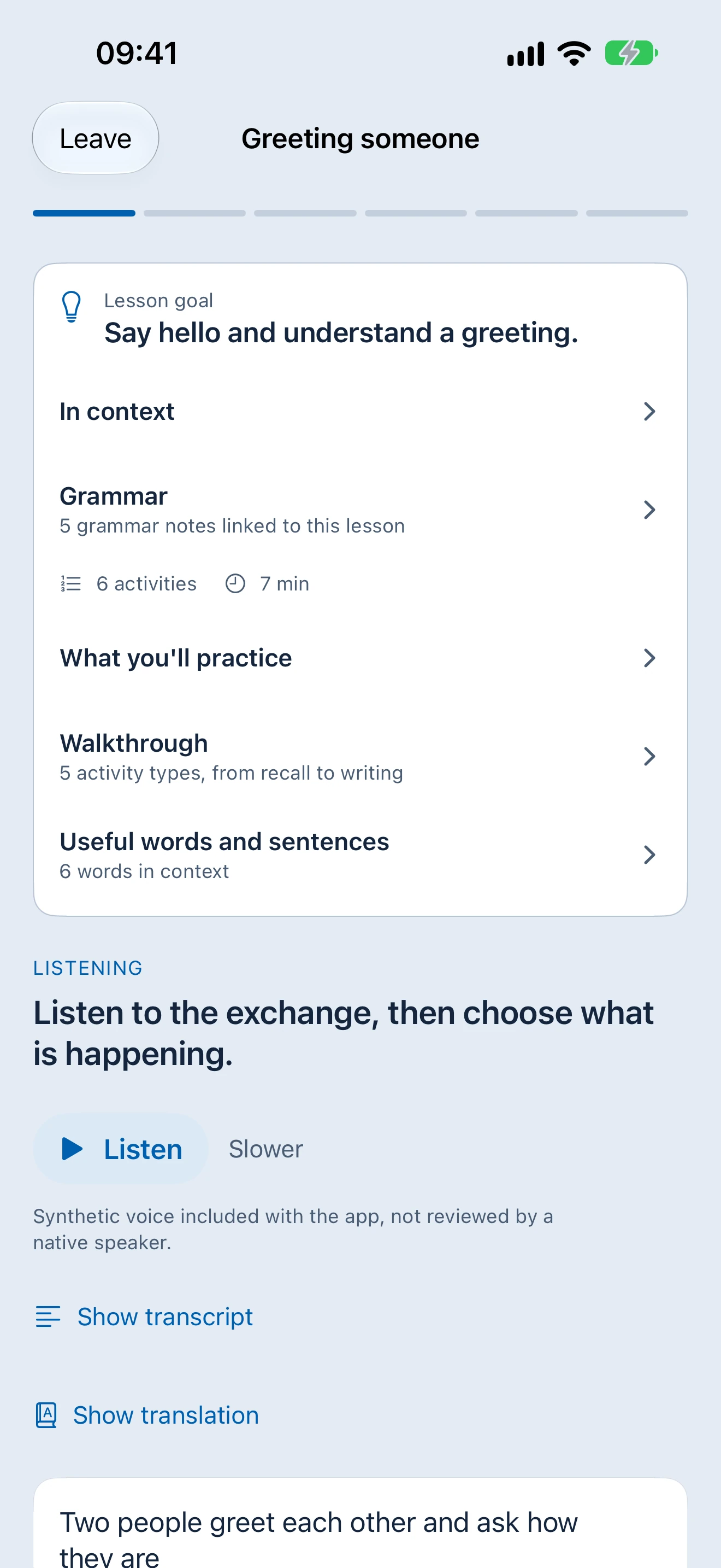 Moien listening lesson step with its instruction, audio control and options to reveal the transcript and translation.