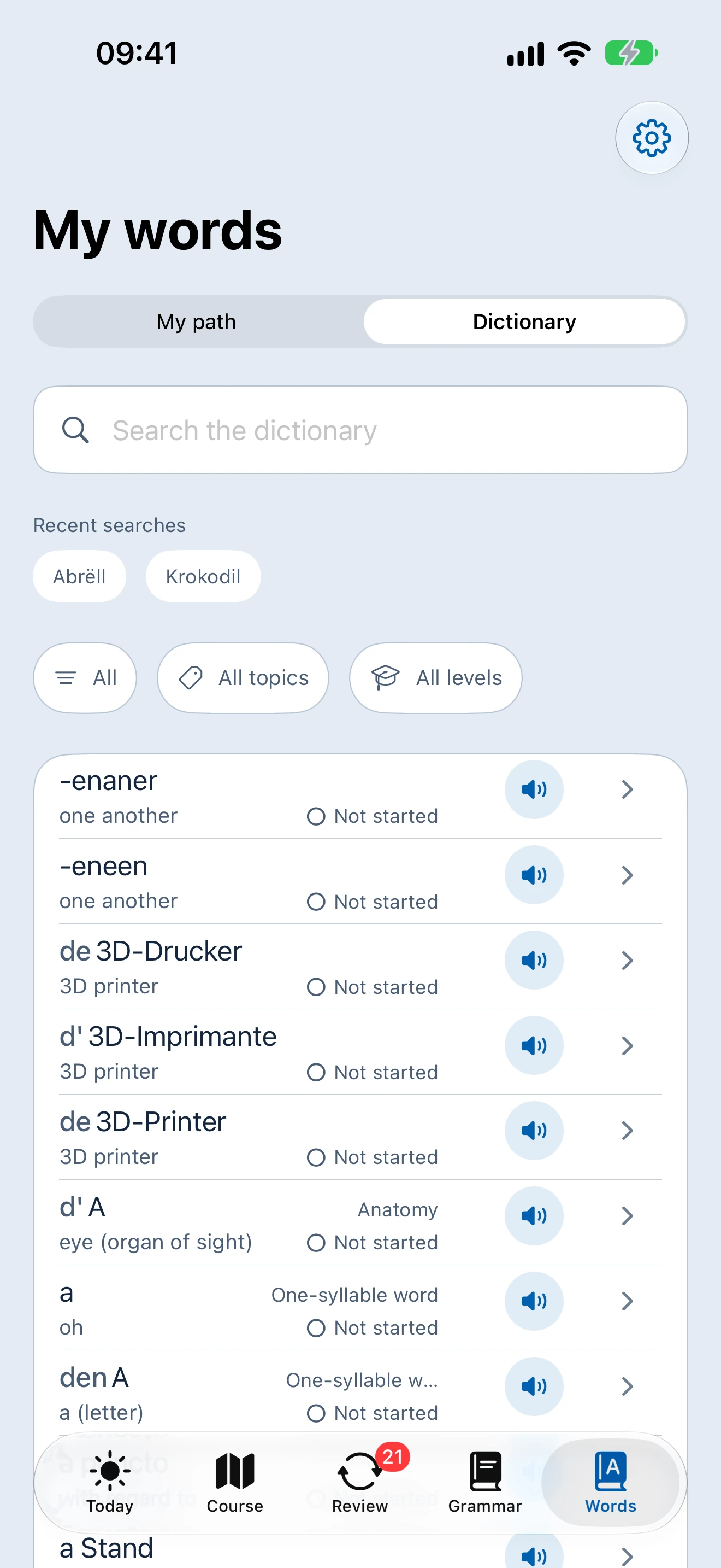 Moien vocabulary screen with the full dictionary scope selected and searchable Luxembourgish words.