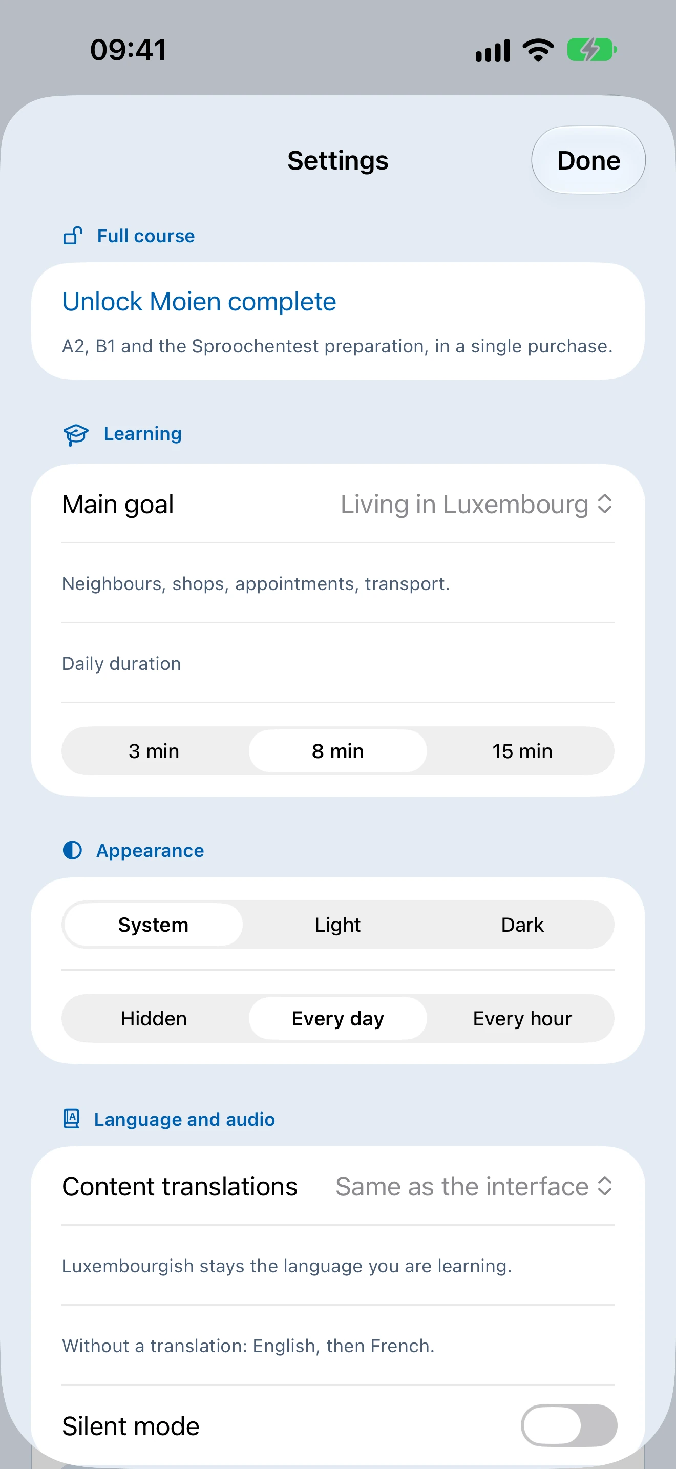 Moien settings showing the main learning goal, daily duration, appearance and content-language options.