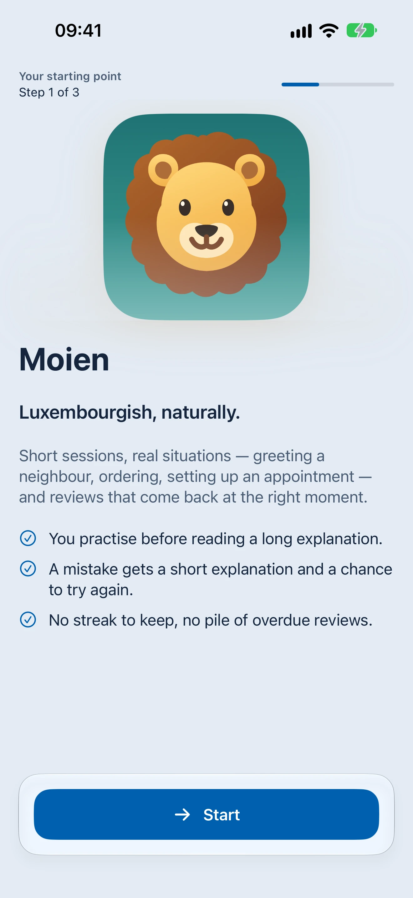 Moien welcome screen with the app icon, learning promise and Start button.